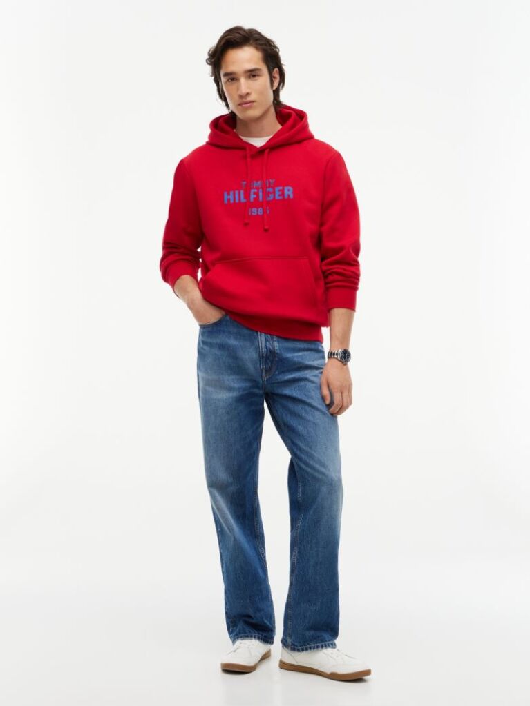 Red Logo Embroidery Fleece Hoody  Men