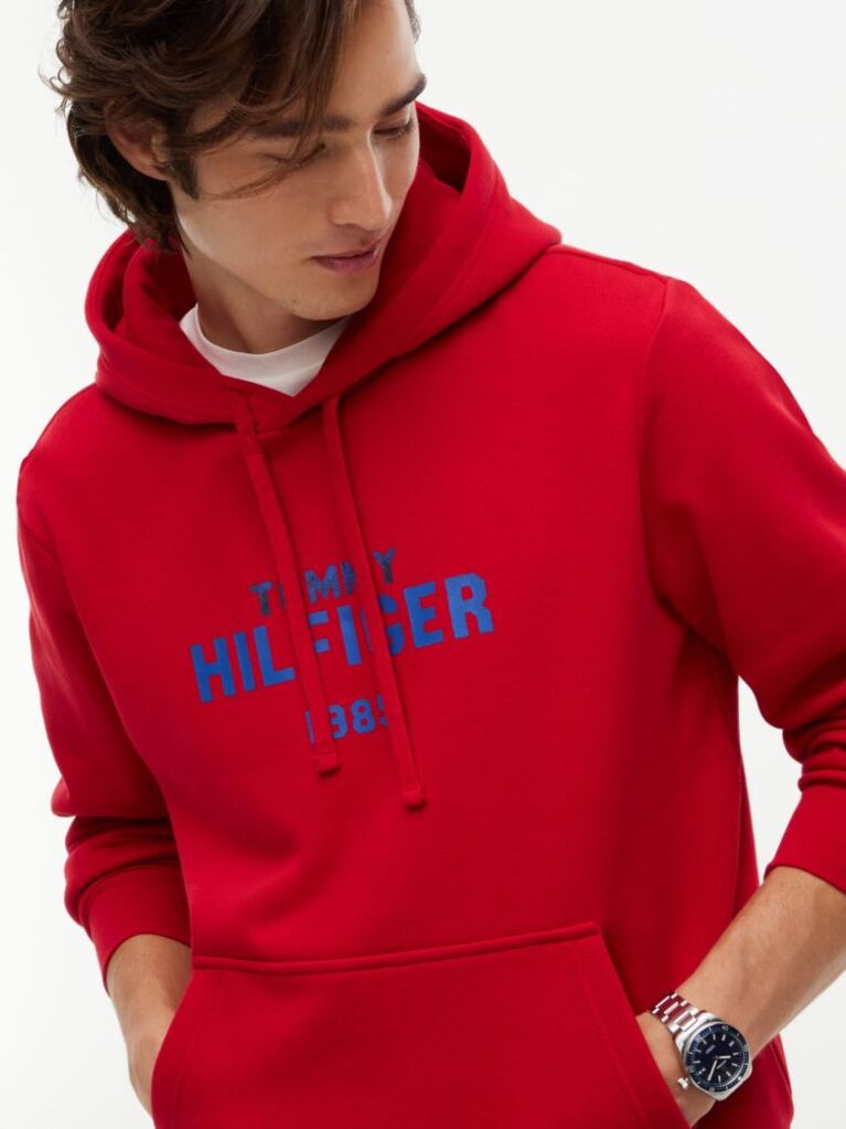 Red Logo Embroidery Fleece Hoody  Men