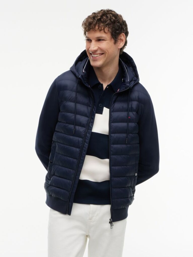 Blue Mixed Texture Zip-Thru Hooded Sweatshirt  Men