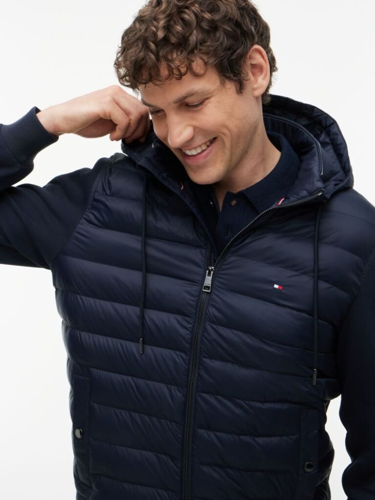 Blue Mixed Texture Zip-Thru Hooded Sweatshirt  Men