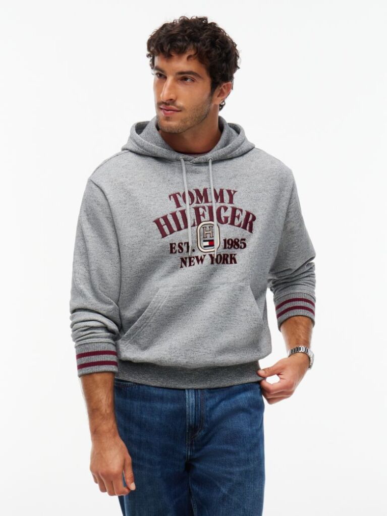 Grey Varsity Logo Embroidery Relaxed Hoody  Men