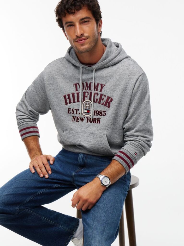 Grey Varsity Logo Embroidery Relaxed Hoody  Men