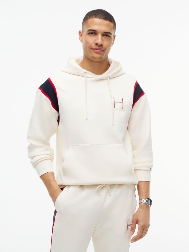 Beige Varsity Logo Contrast Stripe Hoody  Men