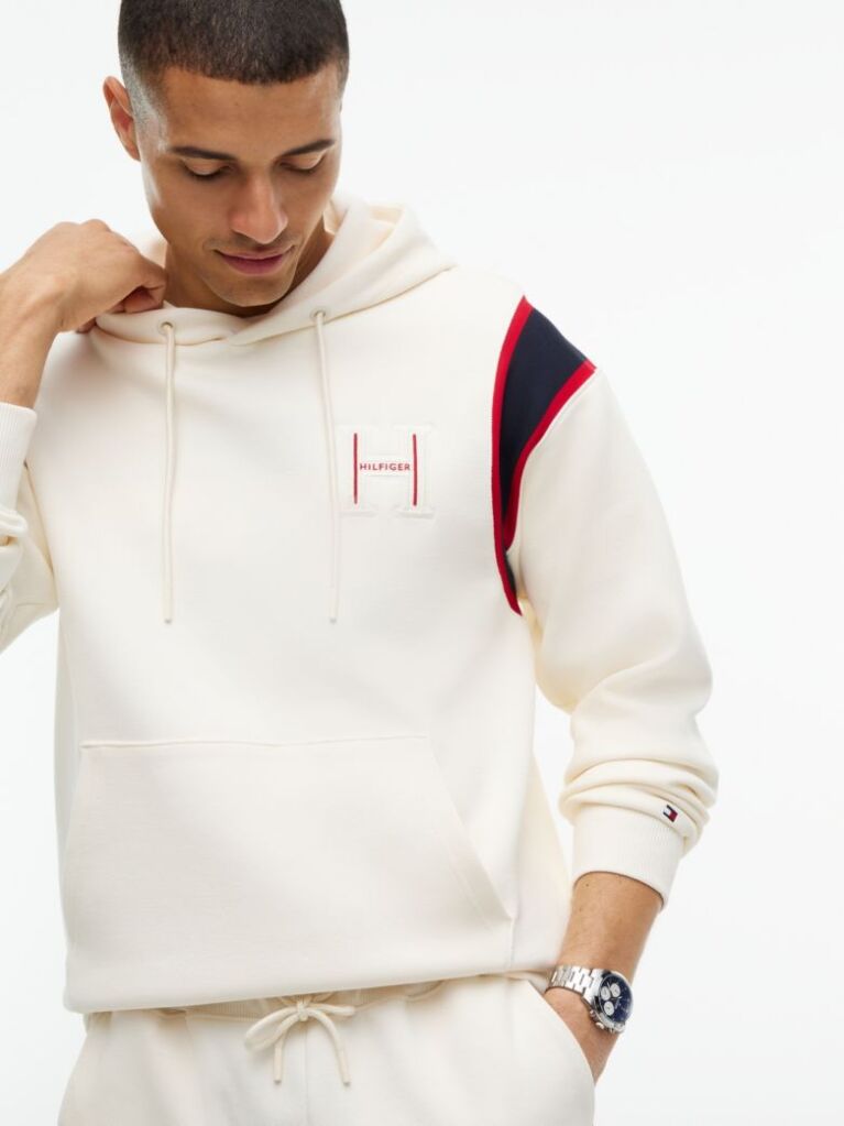 Beige Varsity Logo Contrast Stripe Hoody  Men