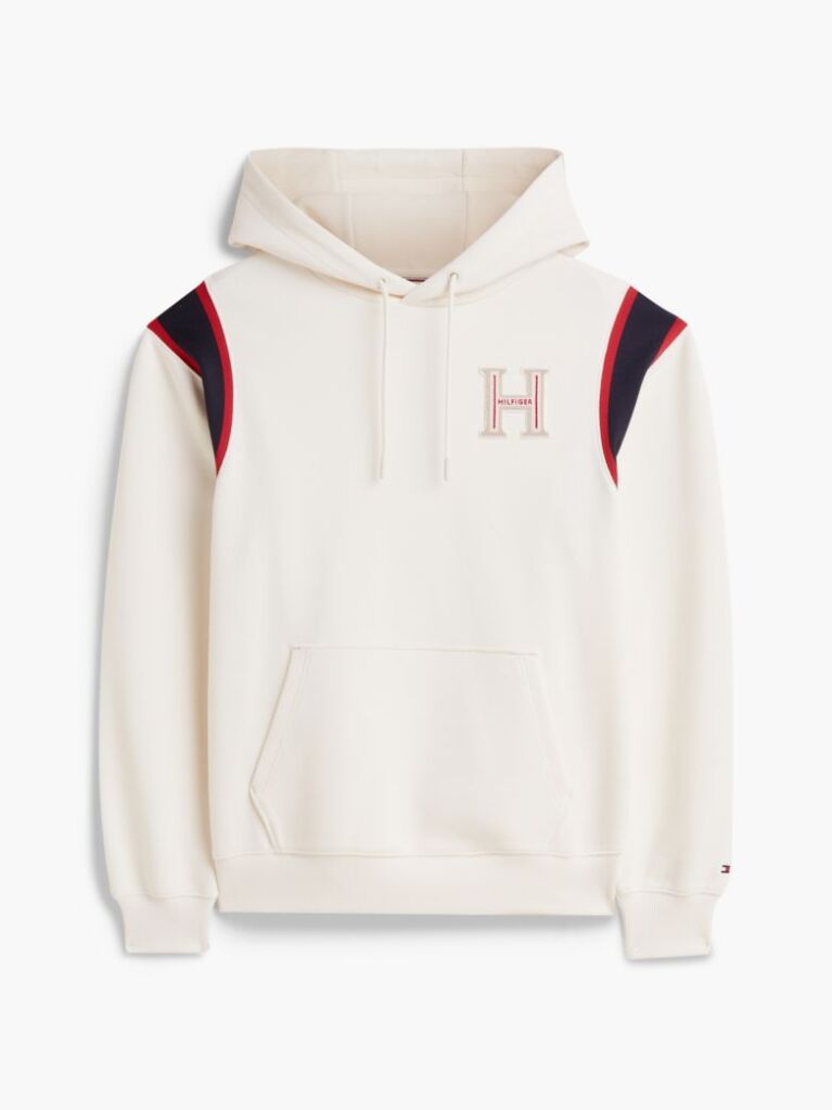 Beige Varsity Logo Contrast Stripe Hoody  Men