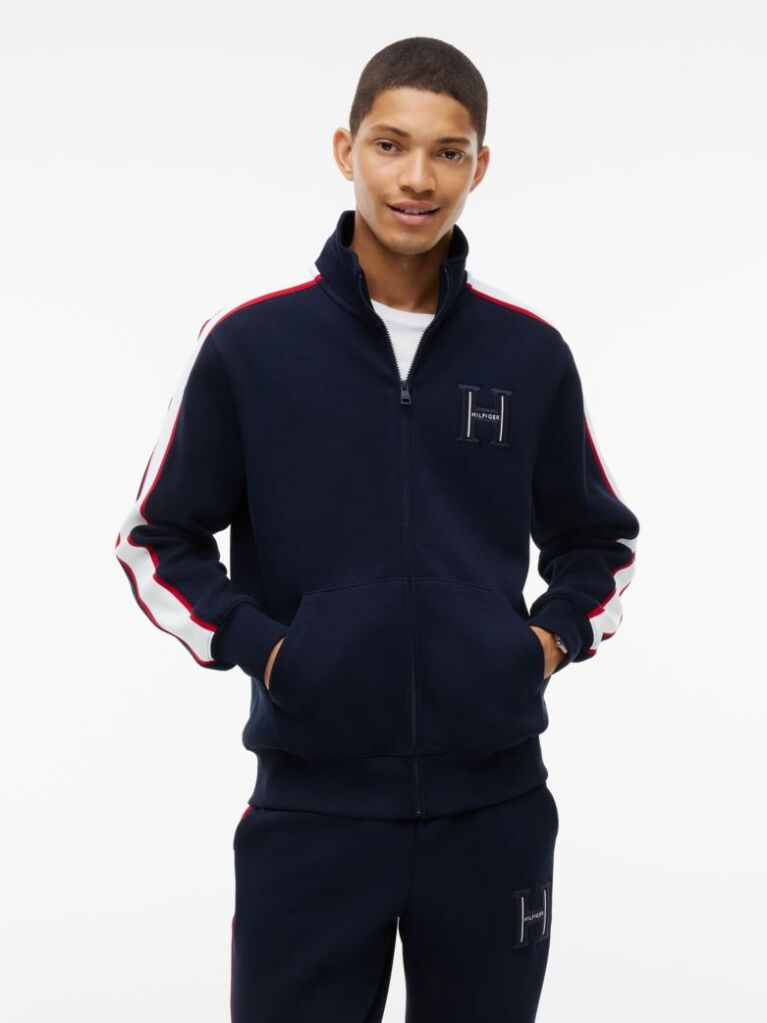 Blue Contrast Stripe Pique Zip-Thru Sweatshirt  Men