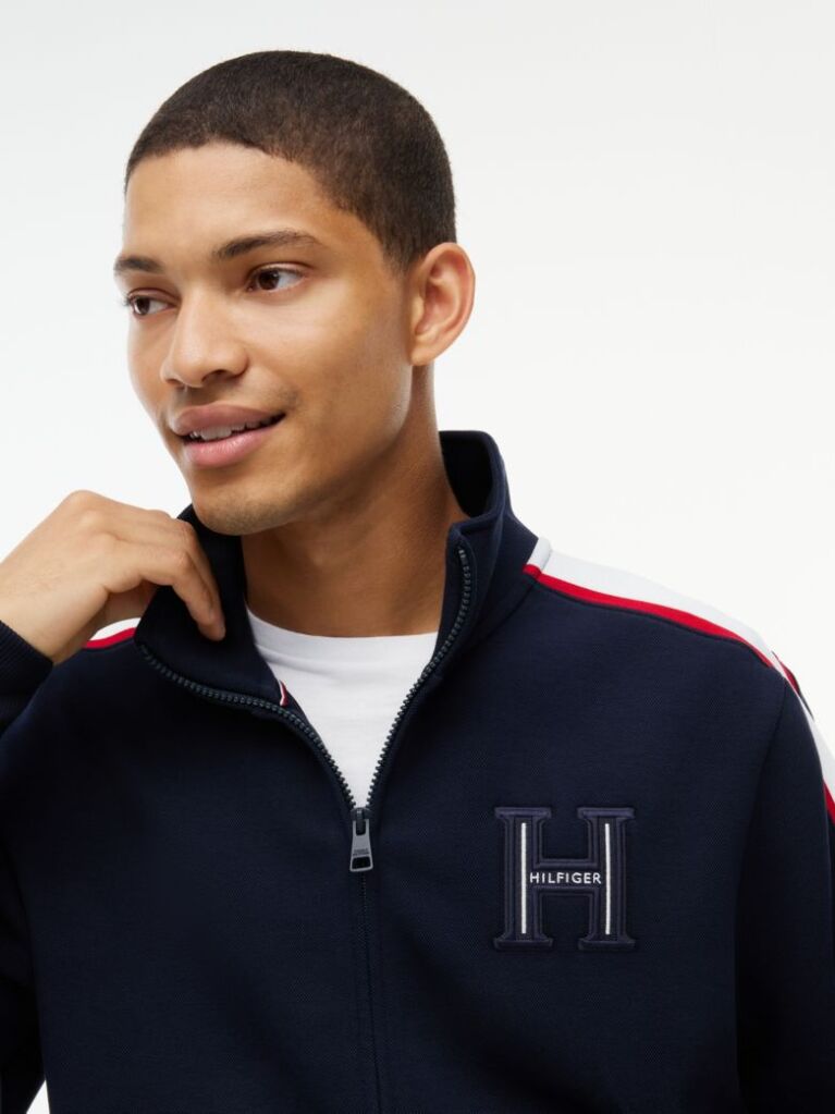 Blue Contrast Stripe Pique Zip-Thru Sweatshirt  Men