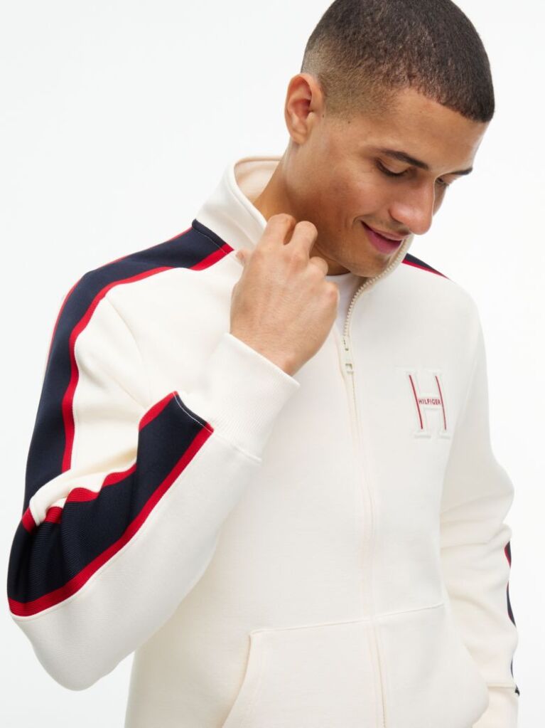 Beige Contrast Stripe Pique Zip-Thru Sweatshirt  Men