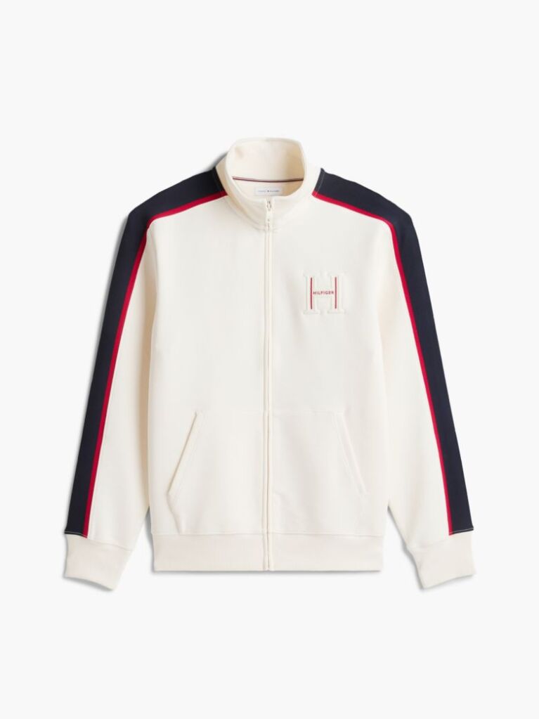 Beige Contrast Stripe Pique Zip-Thru Sweatshirt  Men
