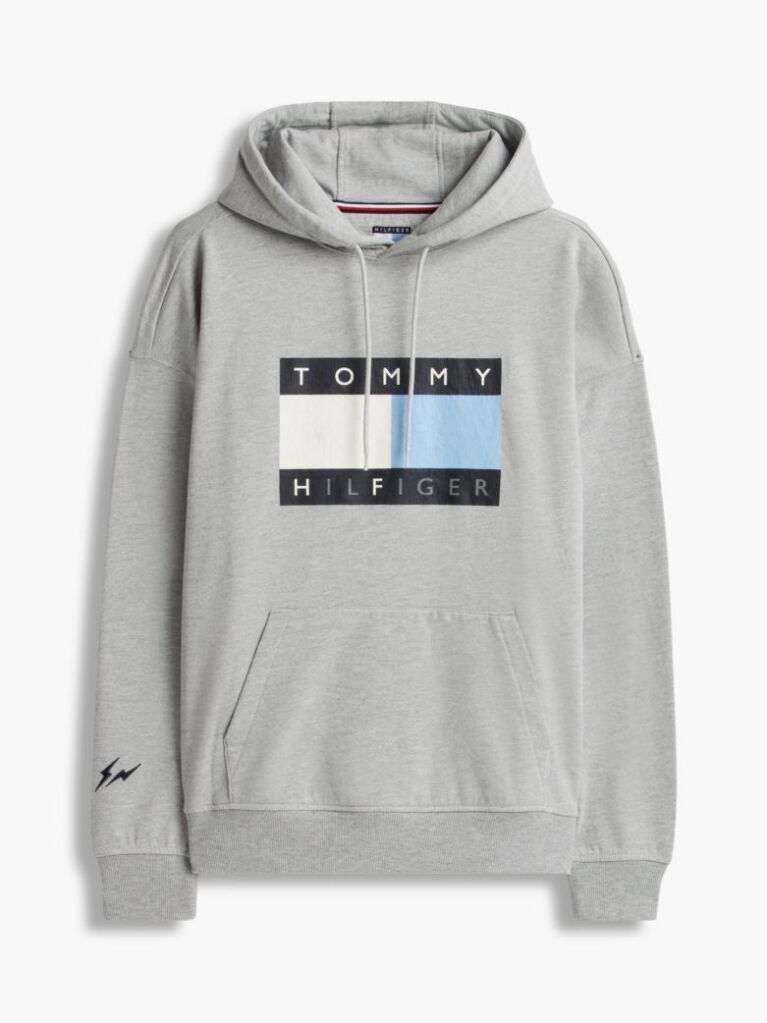 Grey Washed Flag Logo Fleece Relaxed Hoody  Men