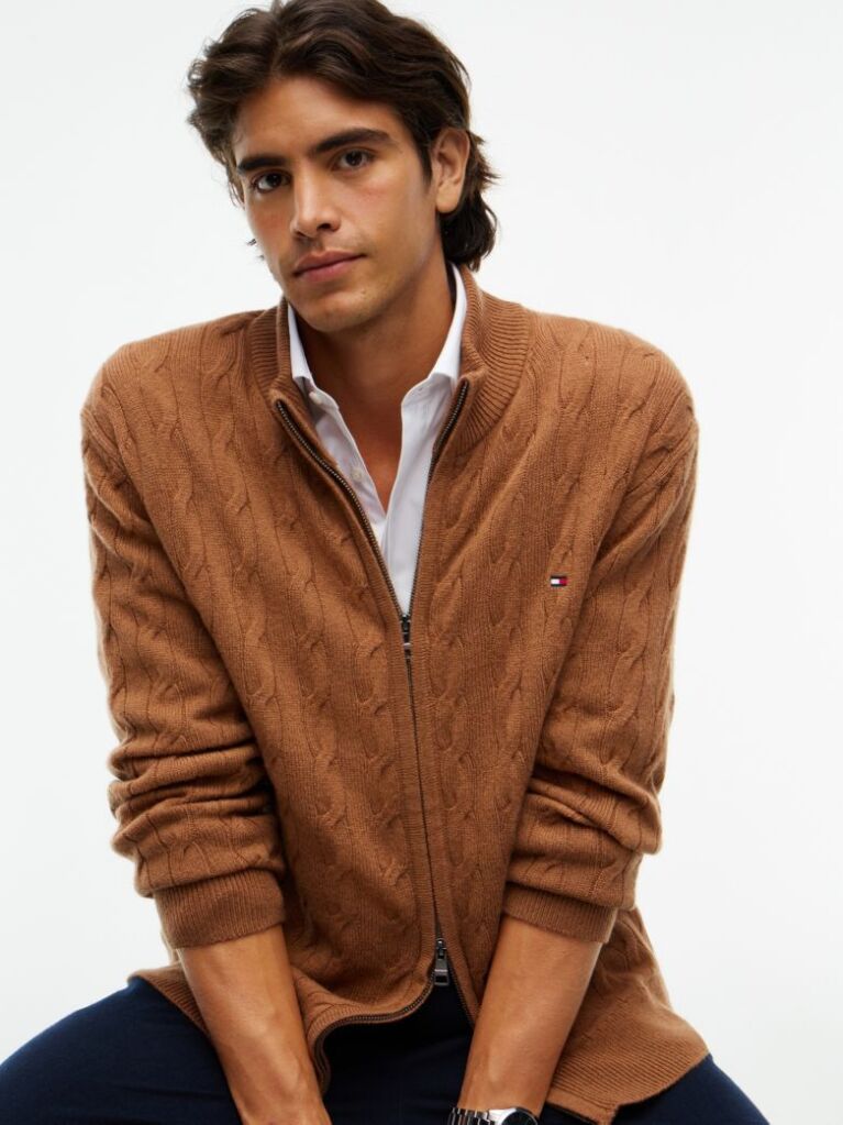Brown Lambswool Zip-Thru Cable Knit Jumper  Men
