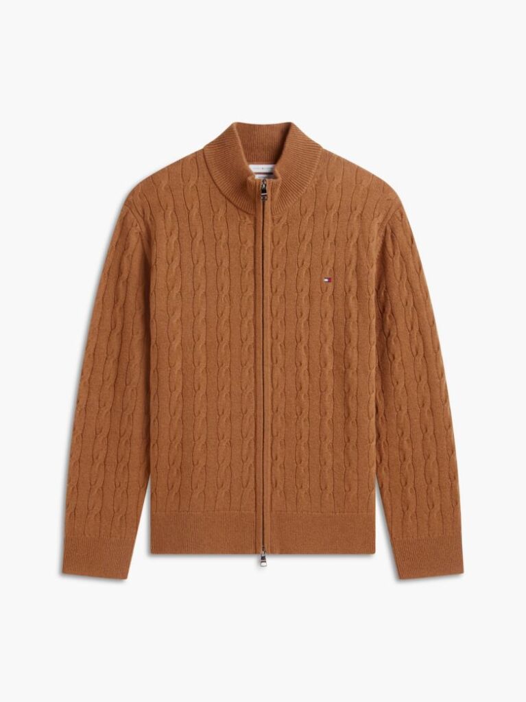 Brown Lambswool Zip-Thru Cable Knit Jumper  Men