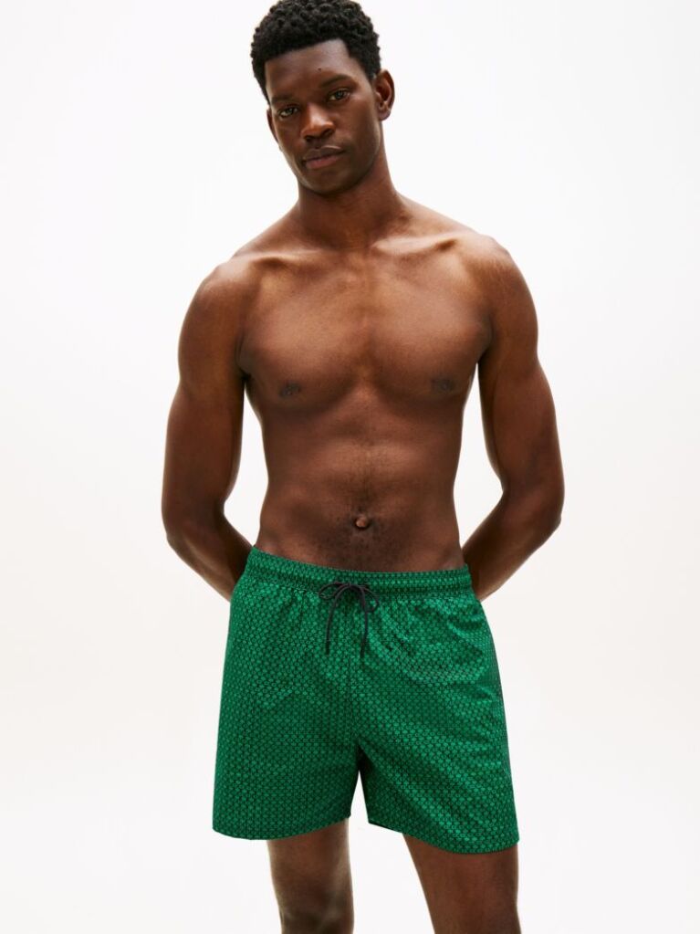 Green Print Mid Length Swim Trunks  Men