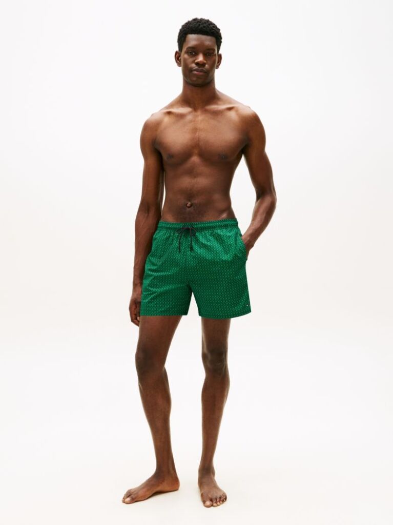 Green Print Mid Length Swim Trunks  Men