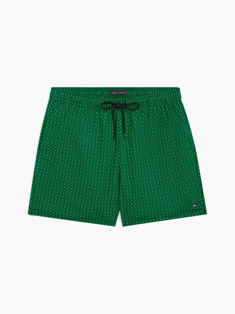 Green Print Mid Length Swim Trunks  Men