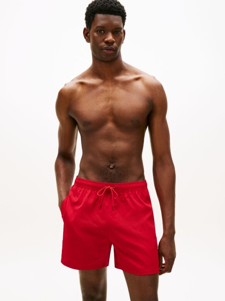 Red Essential Flag Jacquard Mid Length Swim Shorts  Men