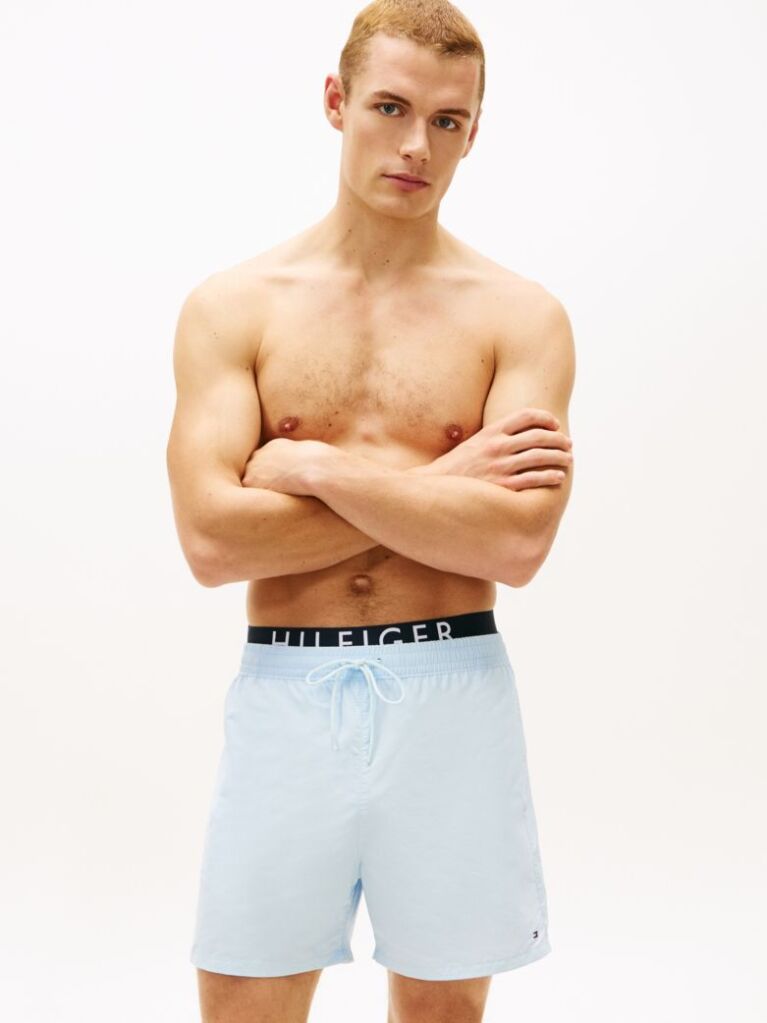Blue Double Waistband Mid Length Swim Shorts  Men