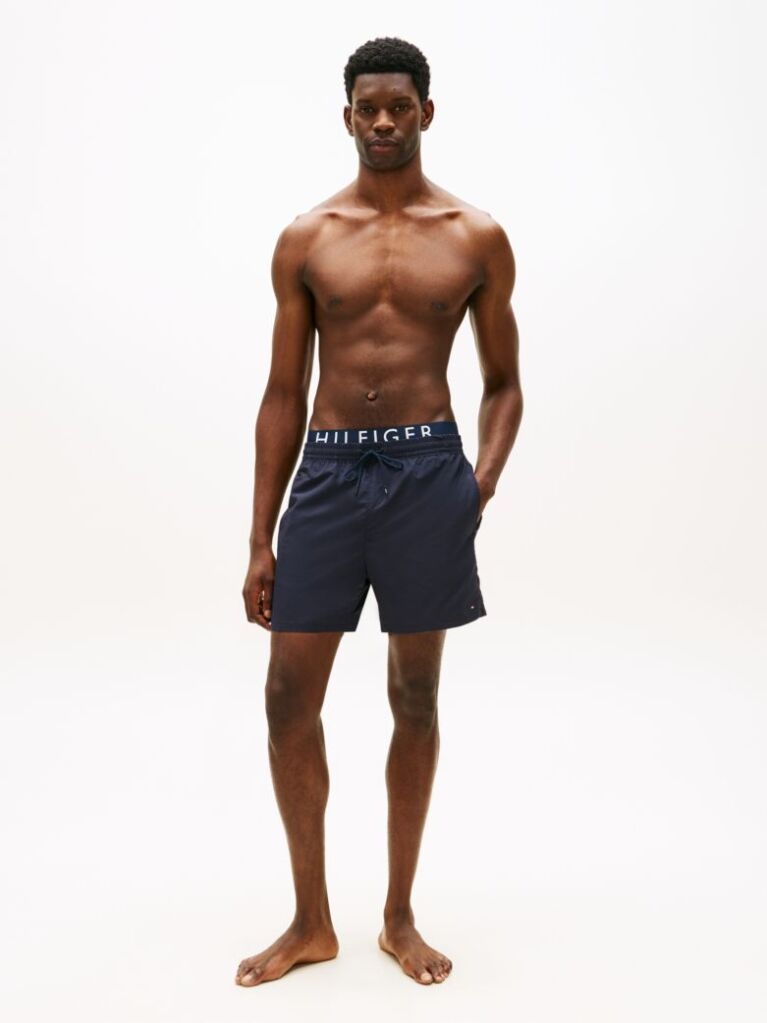 Blue Double Waistband Mid Length Swim Shorts  Men