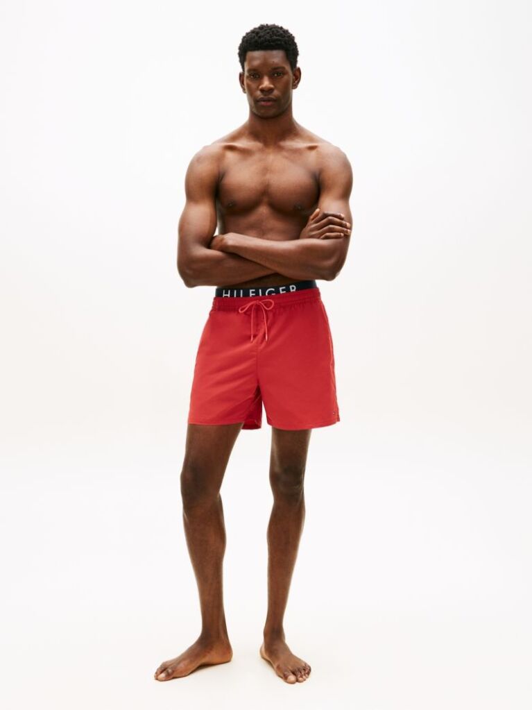 Red Double Waistband Mid Length Swim Shorts  Men