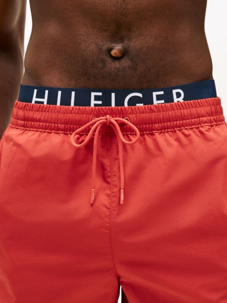 Red Double Waistband Mid Length Swim Shorts  Men