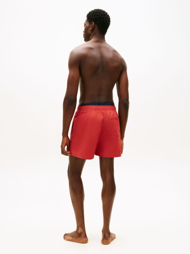Red Double Waistband Mid Length Swim Shorts  Men