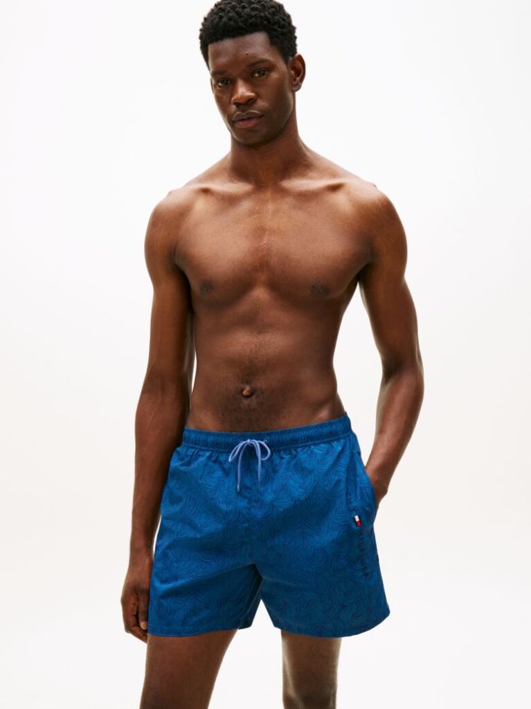 Blue Original Print Mid Length Swim Shorts  Men