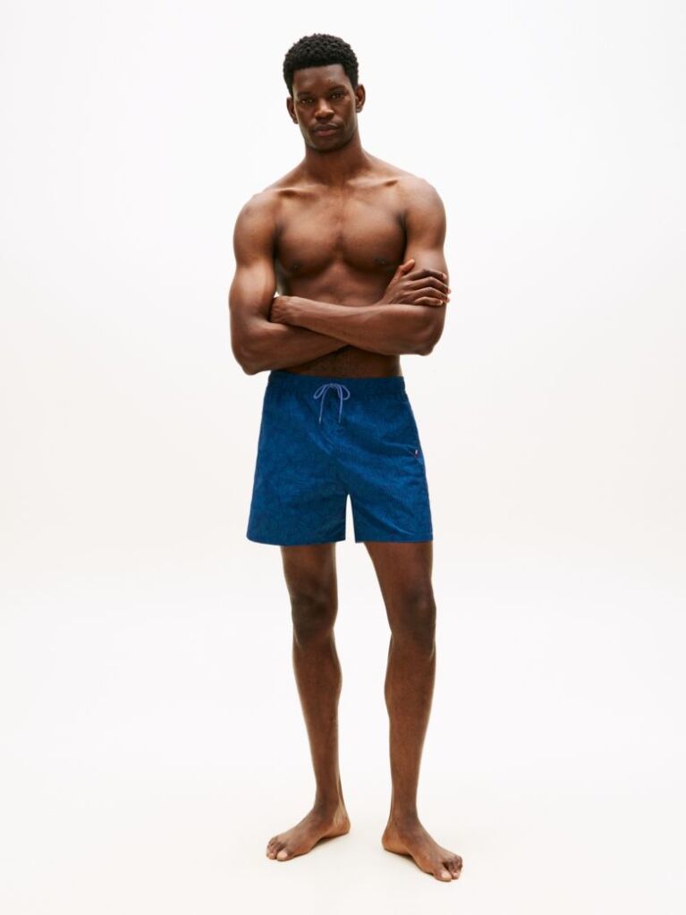 Blue Original Print Mid Length Swim Shorts  Men