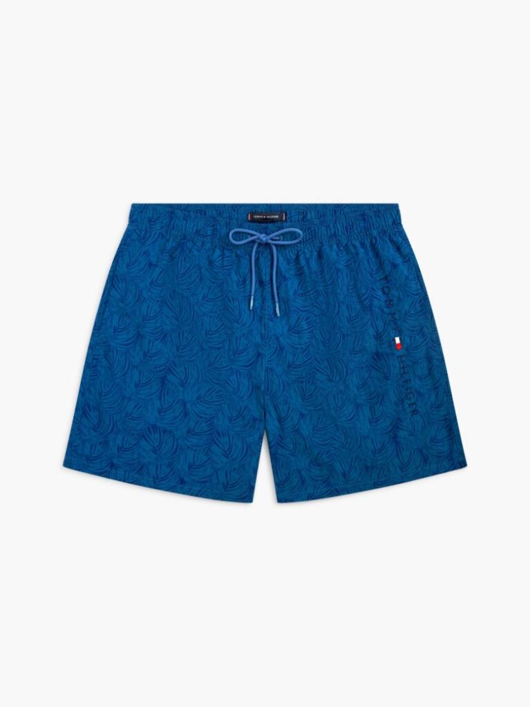 Blue Original Print Mid Length Swim Shorts  Men