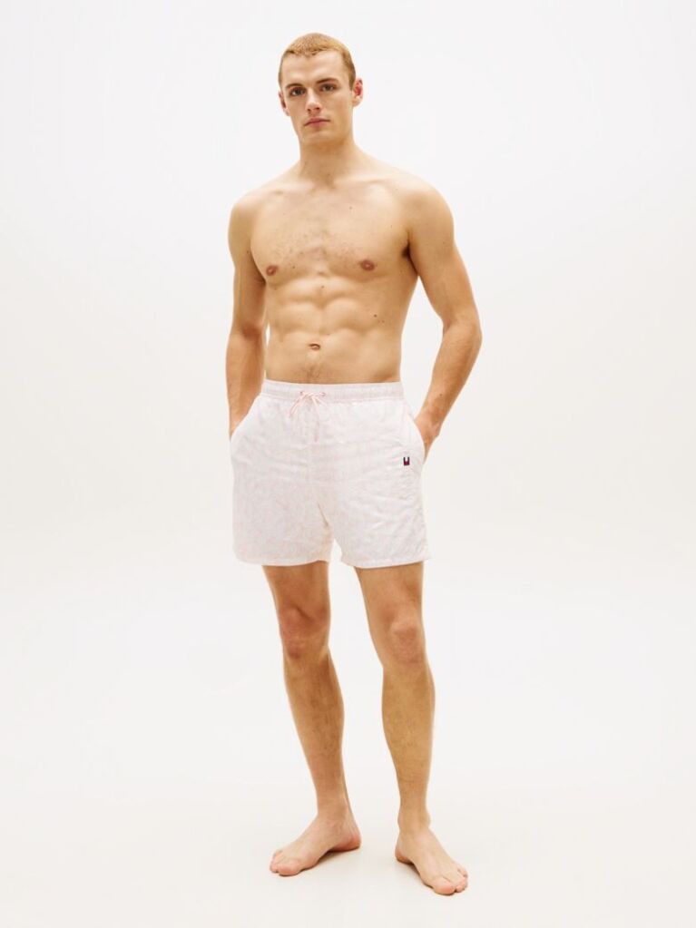 Beige Original Print Mid Length Swim Shorts  Men