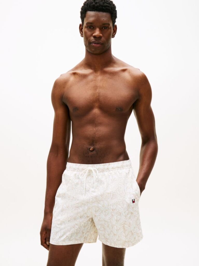 Beige Original Print Mid Length Swim Shorts  Men