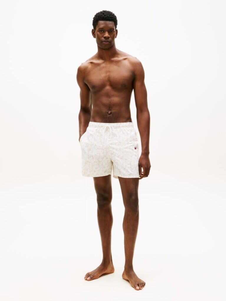 Beige Original Print Mid Length Swim Shorts  Men