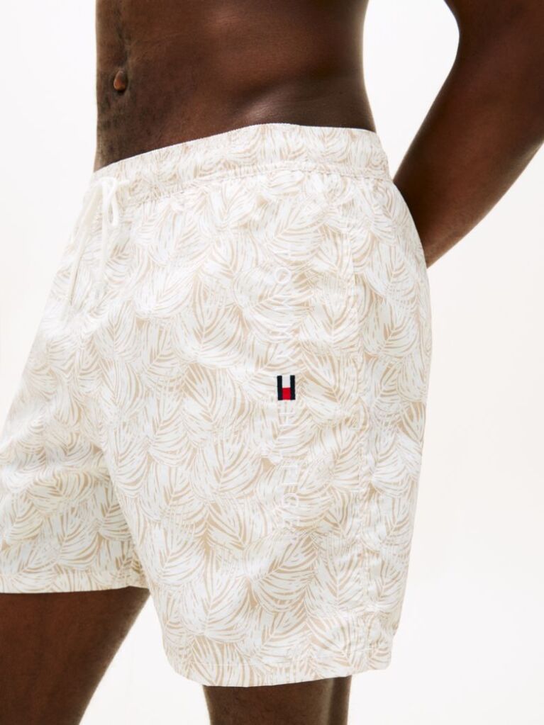 Beige Original Print Mid Length Swim Shorts  Men