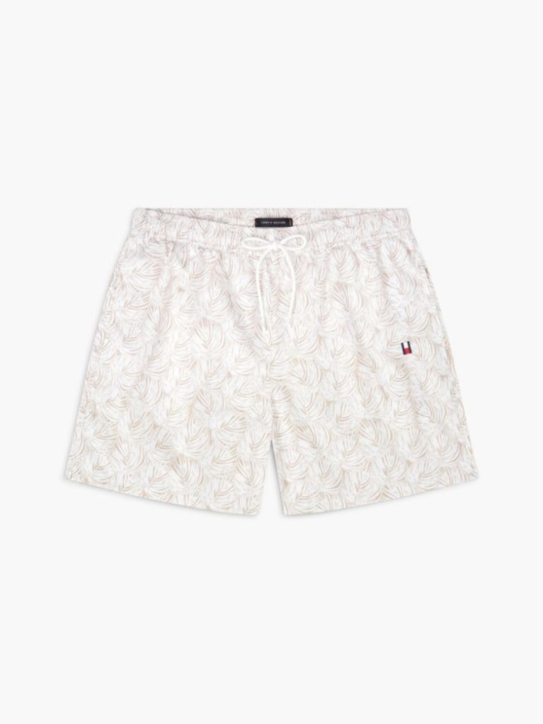 Beige Original Print Mid Length Swim Shorts  Men