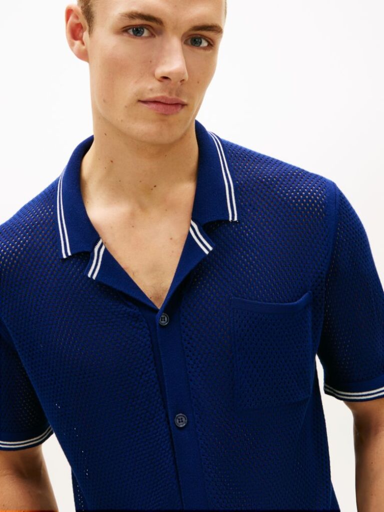 Blue Open Knit Short Sleeve Lounge Shirt  Men