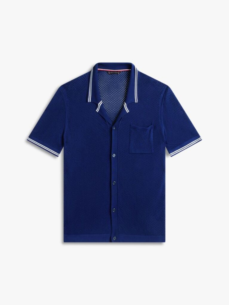 Blue Open Knit Short Sleeve Lounge Shirt  Men
