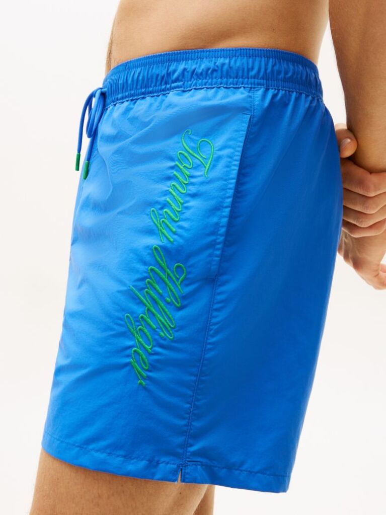 Blue Logo Embroidery Mid Length Swim Shorts  Men