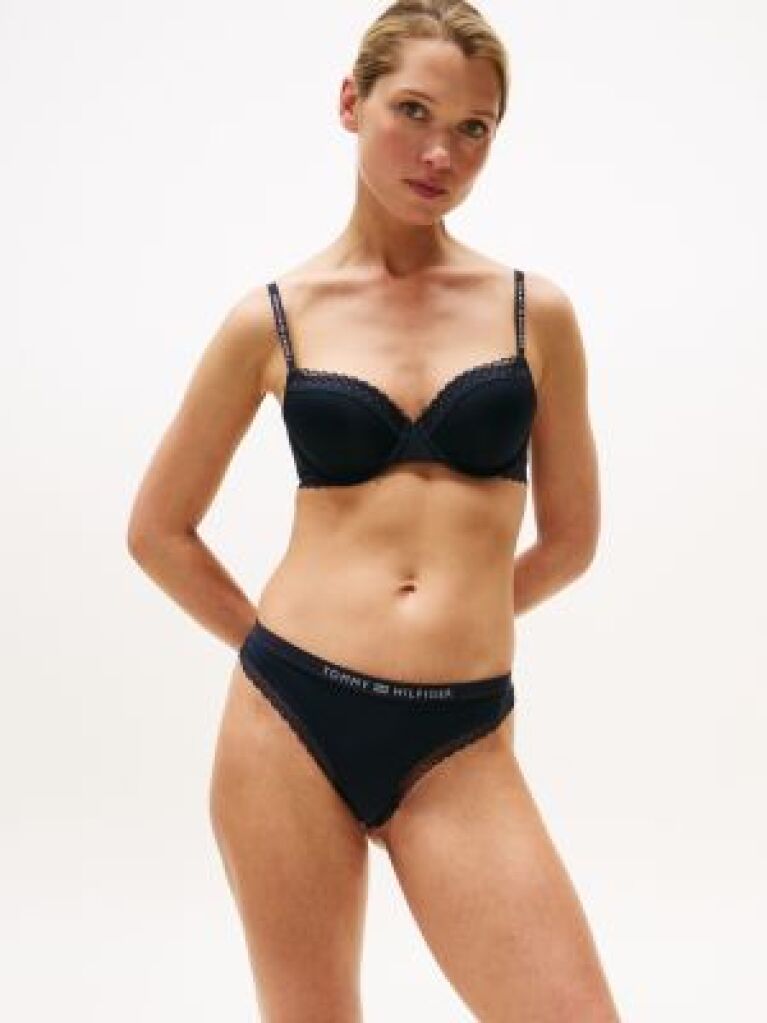 Blue Tonal Logo Lace Thong  Women
