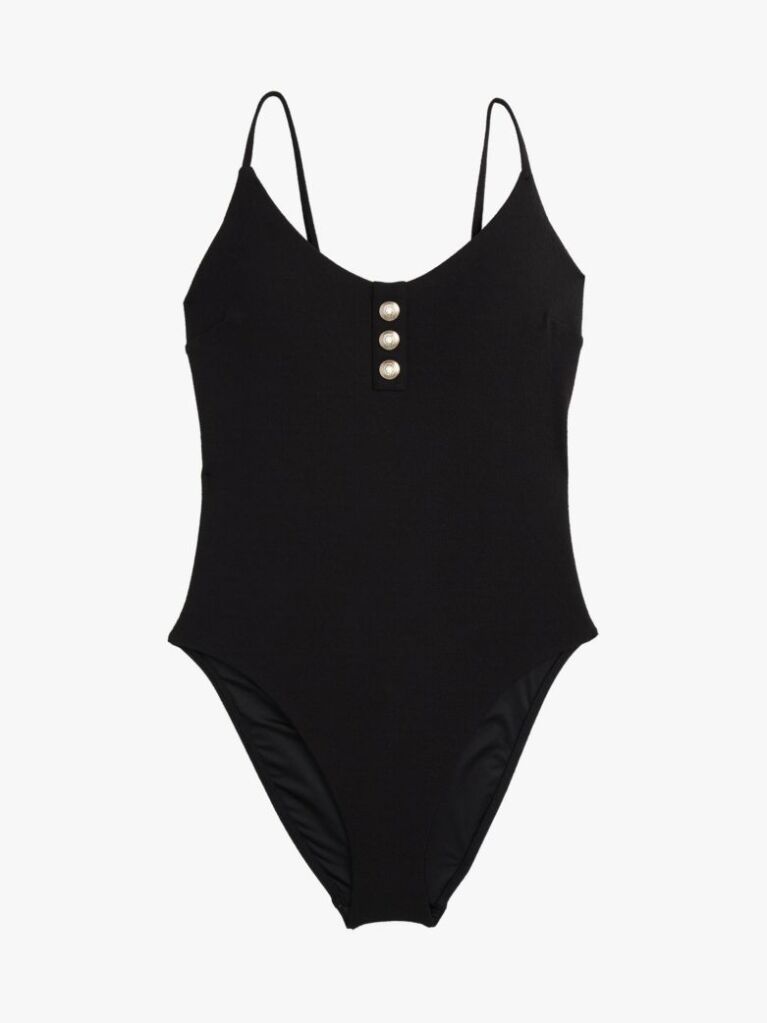Black Embossed Button Textured Swimsuit  Women
