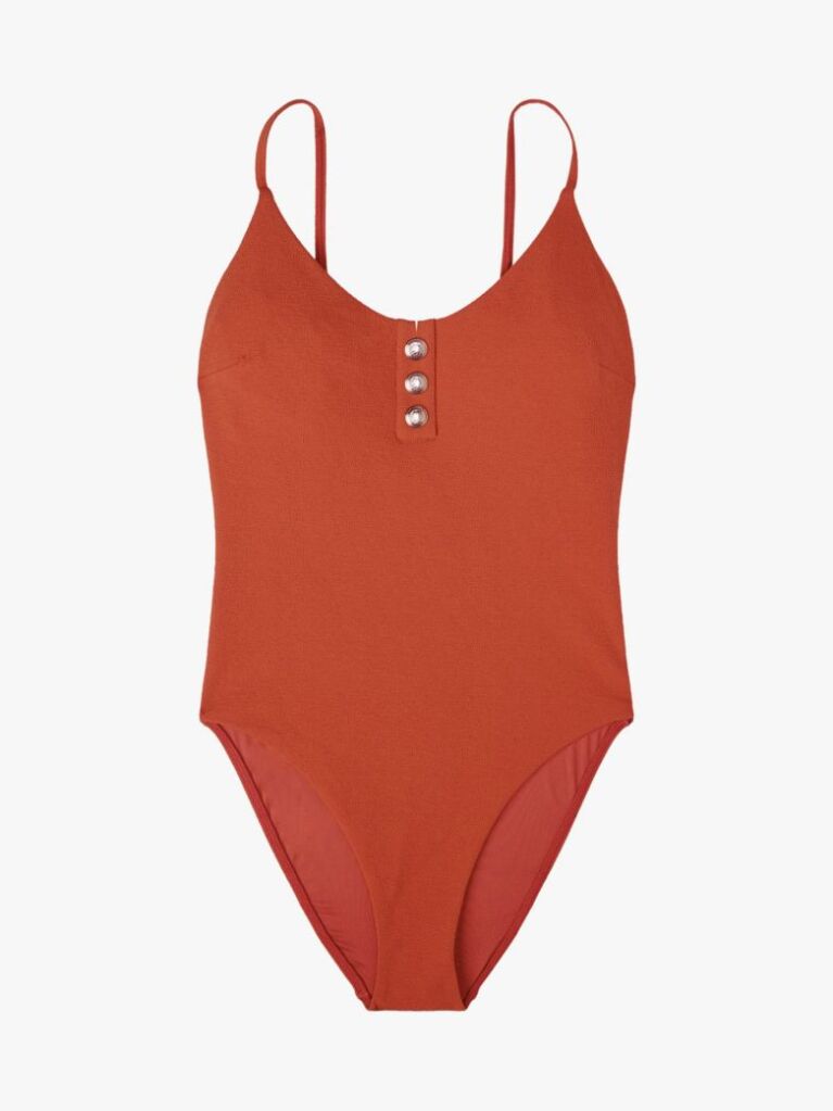 Brown Embossed Button Textured Swimsuit  Women