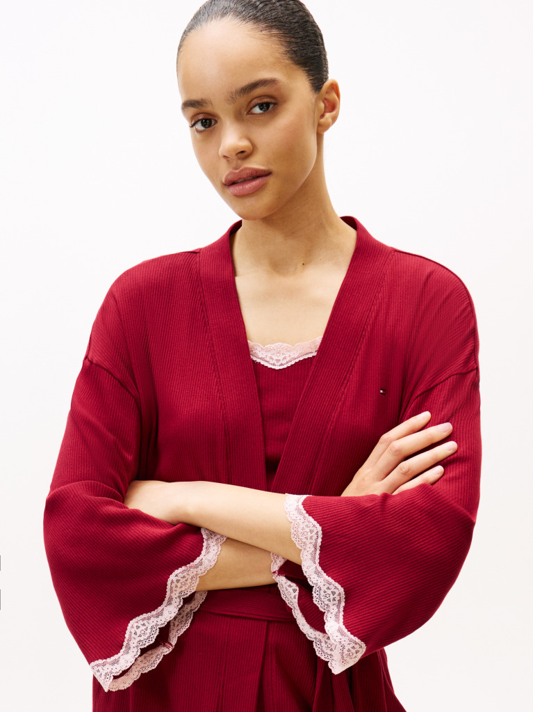 Red Essential Ribbed Lace Trim Robe  Women