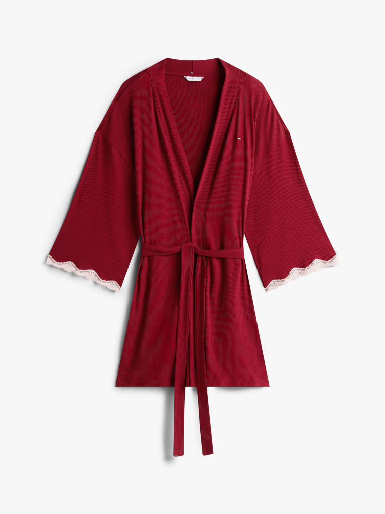 Red Essential Ribbed Lace Trim Robe  Women