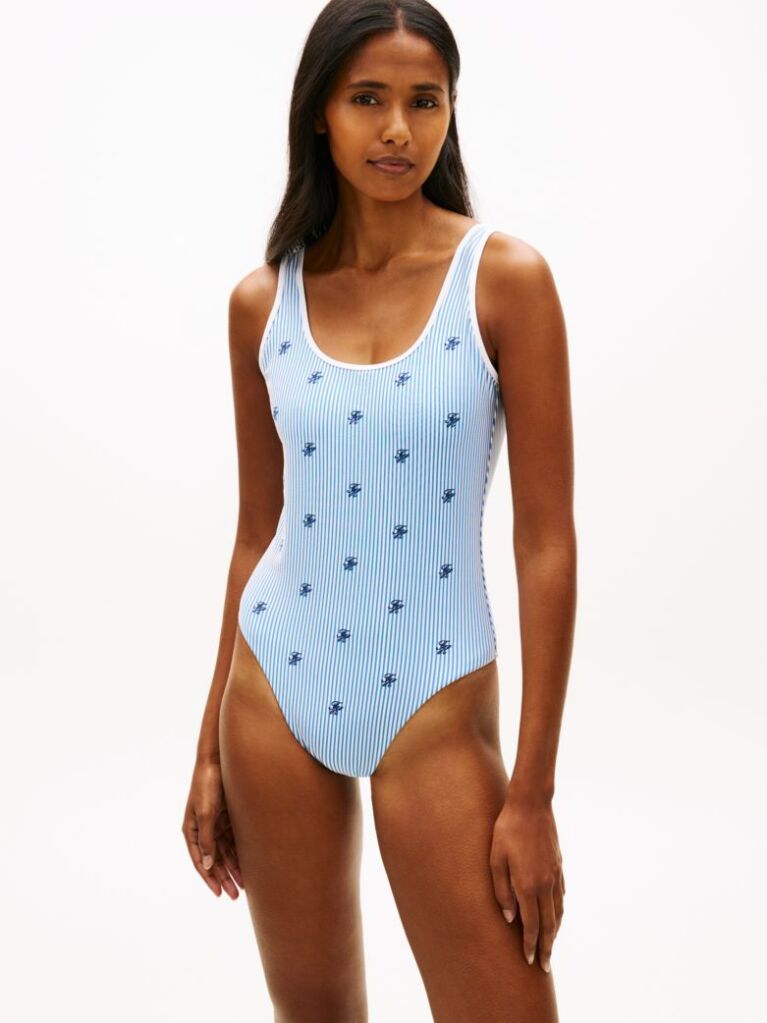 Multi Logo Embroidery Seersucker Scoop Back Swimsuit  Women