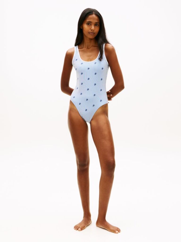 Multi Logo Embroidery Seersucker Scoop Back Swimsuit  Women