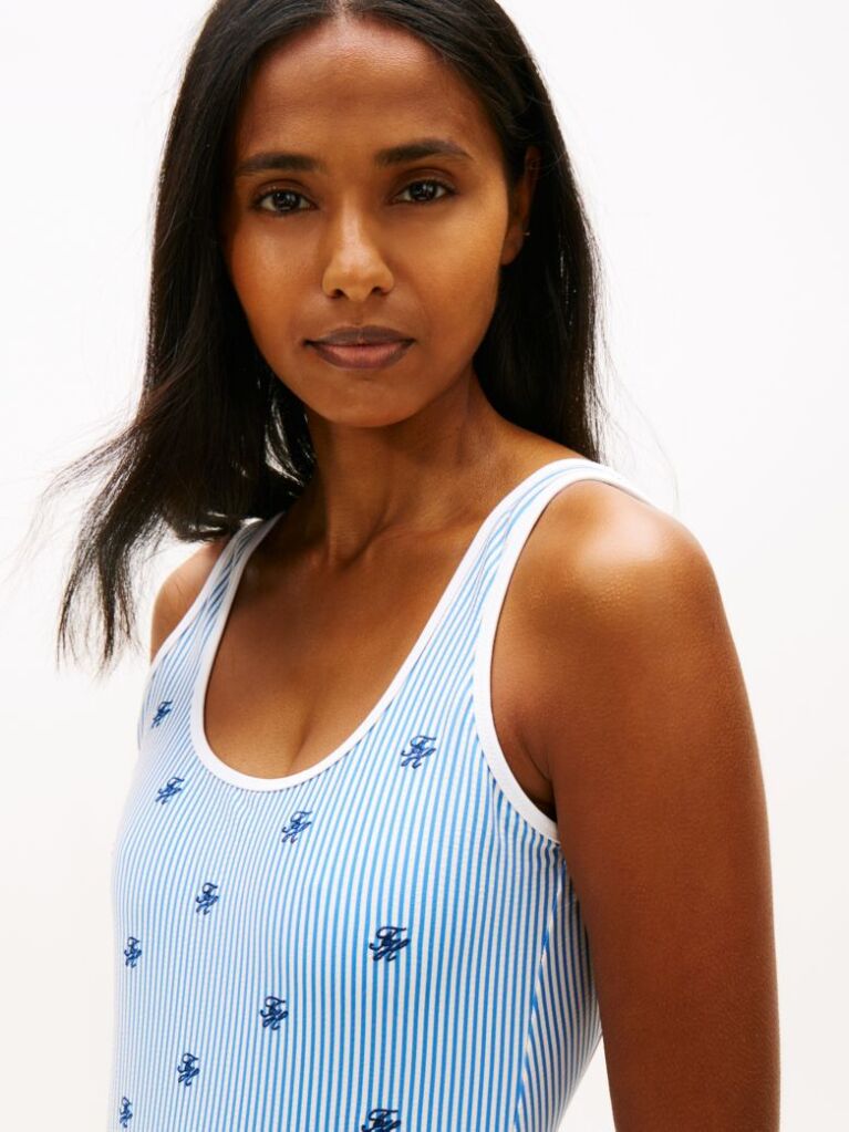 Multi Logo Embroidery Seersucker Scoop Back Swimsuit  Women