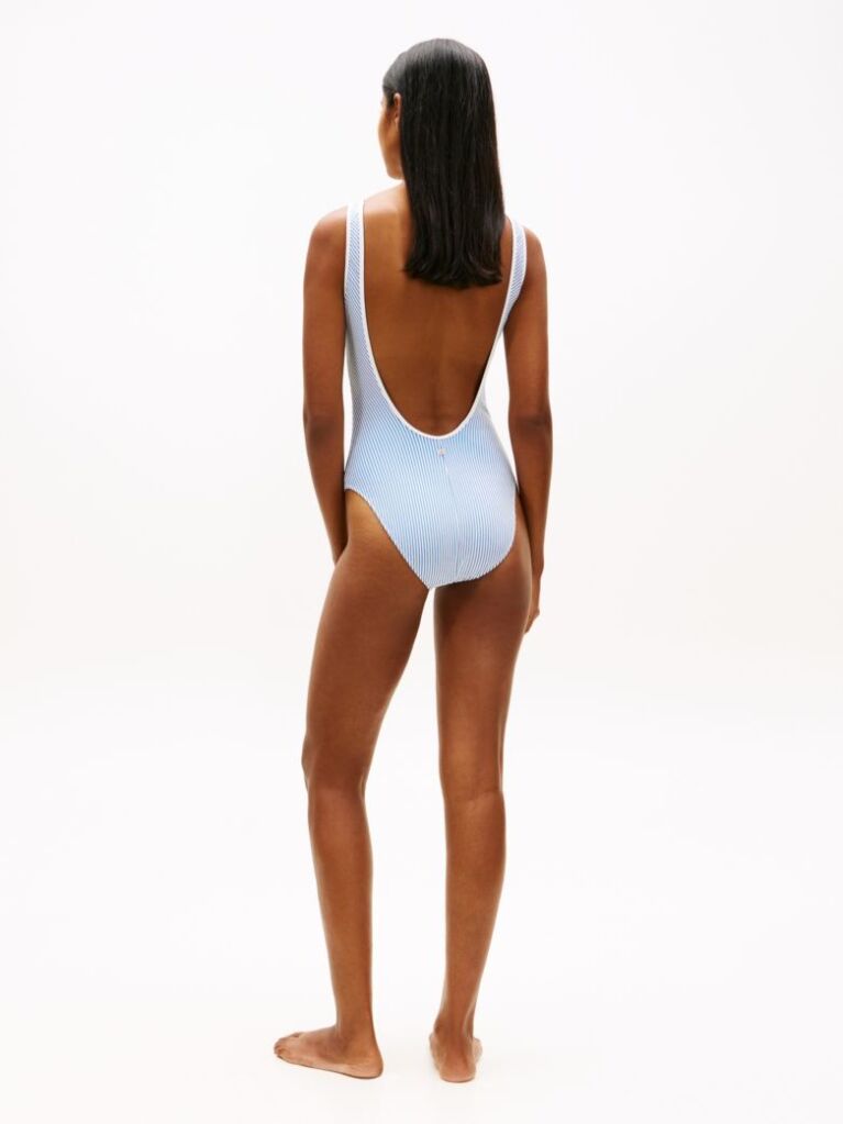 Multi Logo Embroidery Seersucker Scoop Back Swimsuit  Women