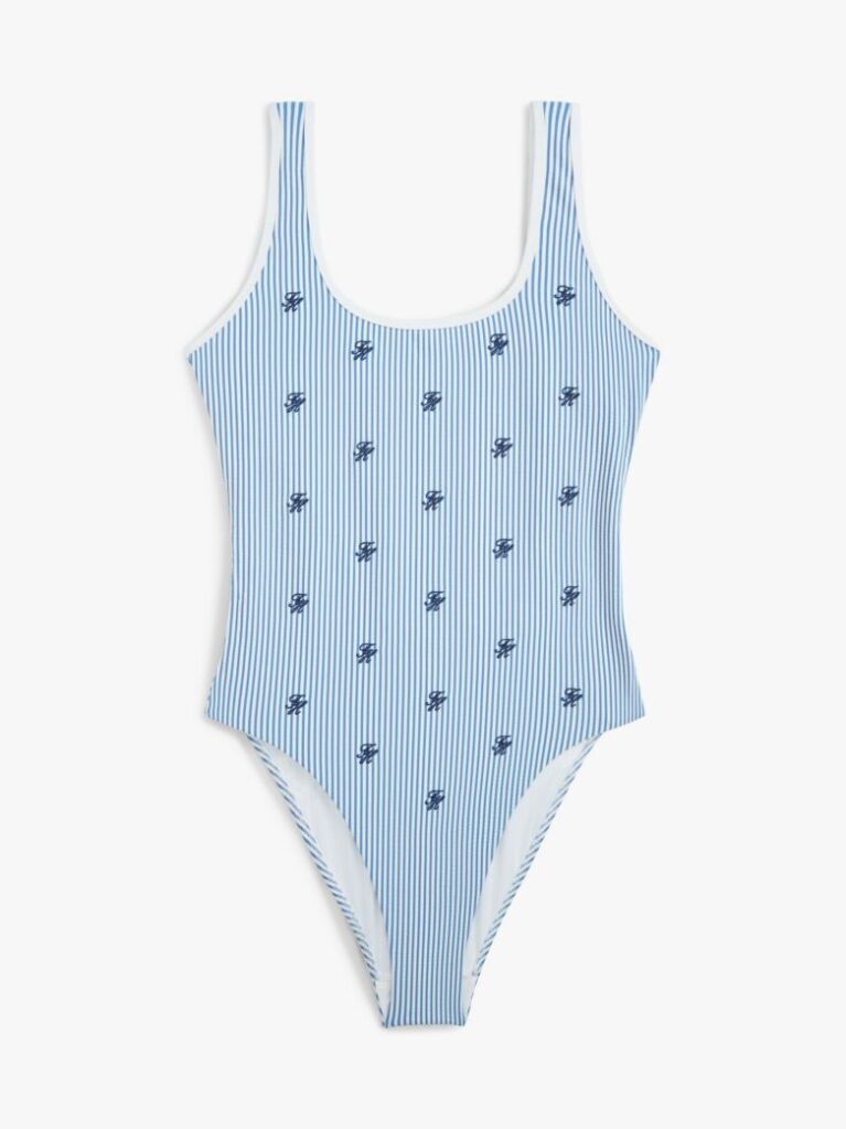Multi Logo Embroidery Seersucker Scoop Back Swimsuit  Women