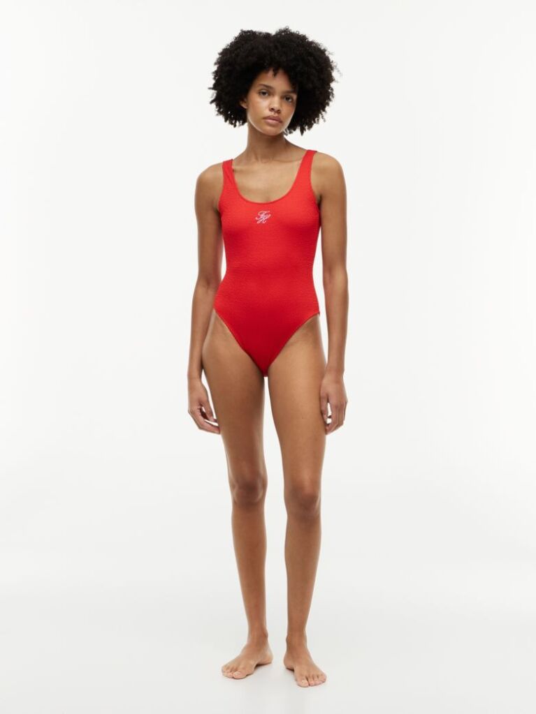 Red Crinkle Logo Embroidery Scoop Back Swimsuit  Women