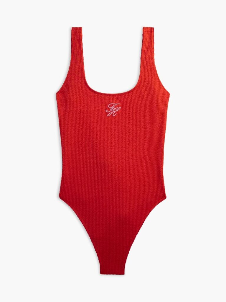 Red Crinkle Logo Embroidery Scoop Back Swimsuit  Women