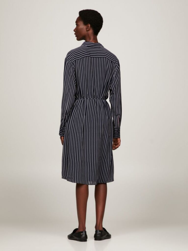 Blue Crepe Belted Knee Length Shirt Dress  Women