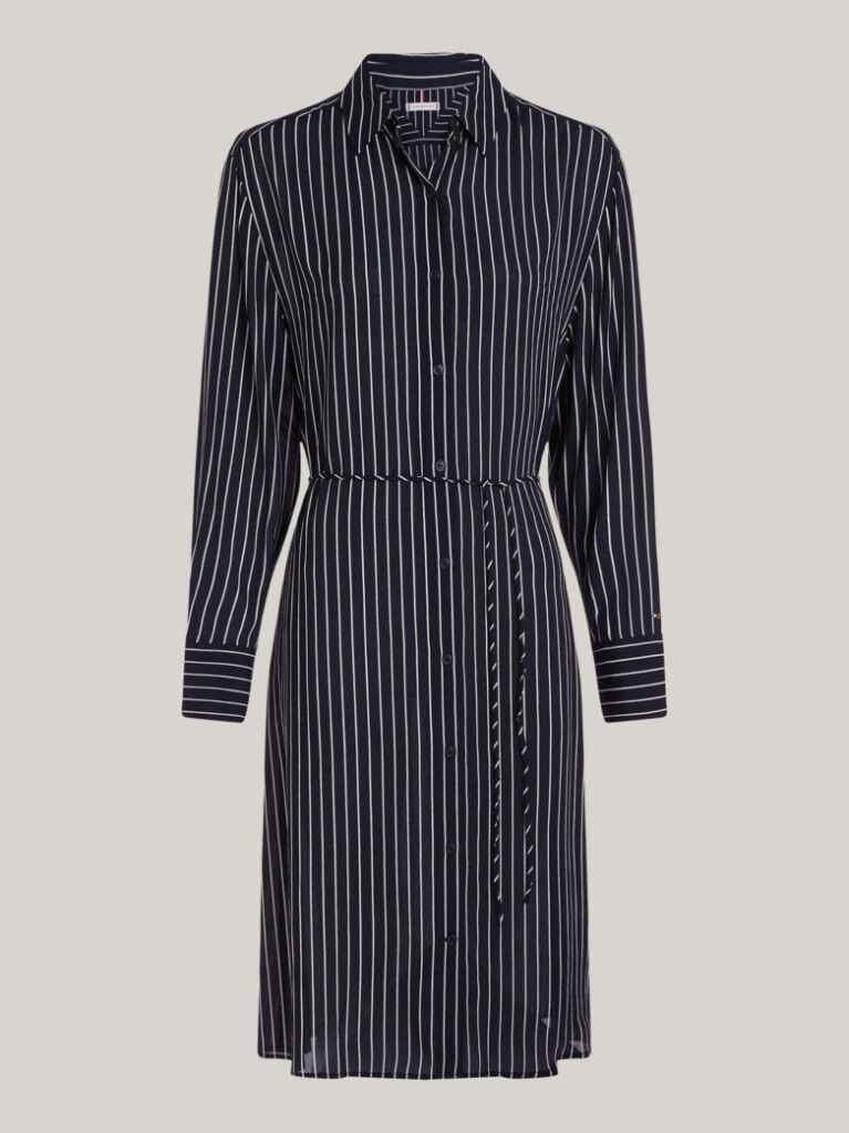 Blue Crepe Belted Knee Length Shirt Dress  Women